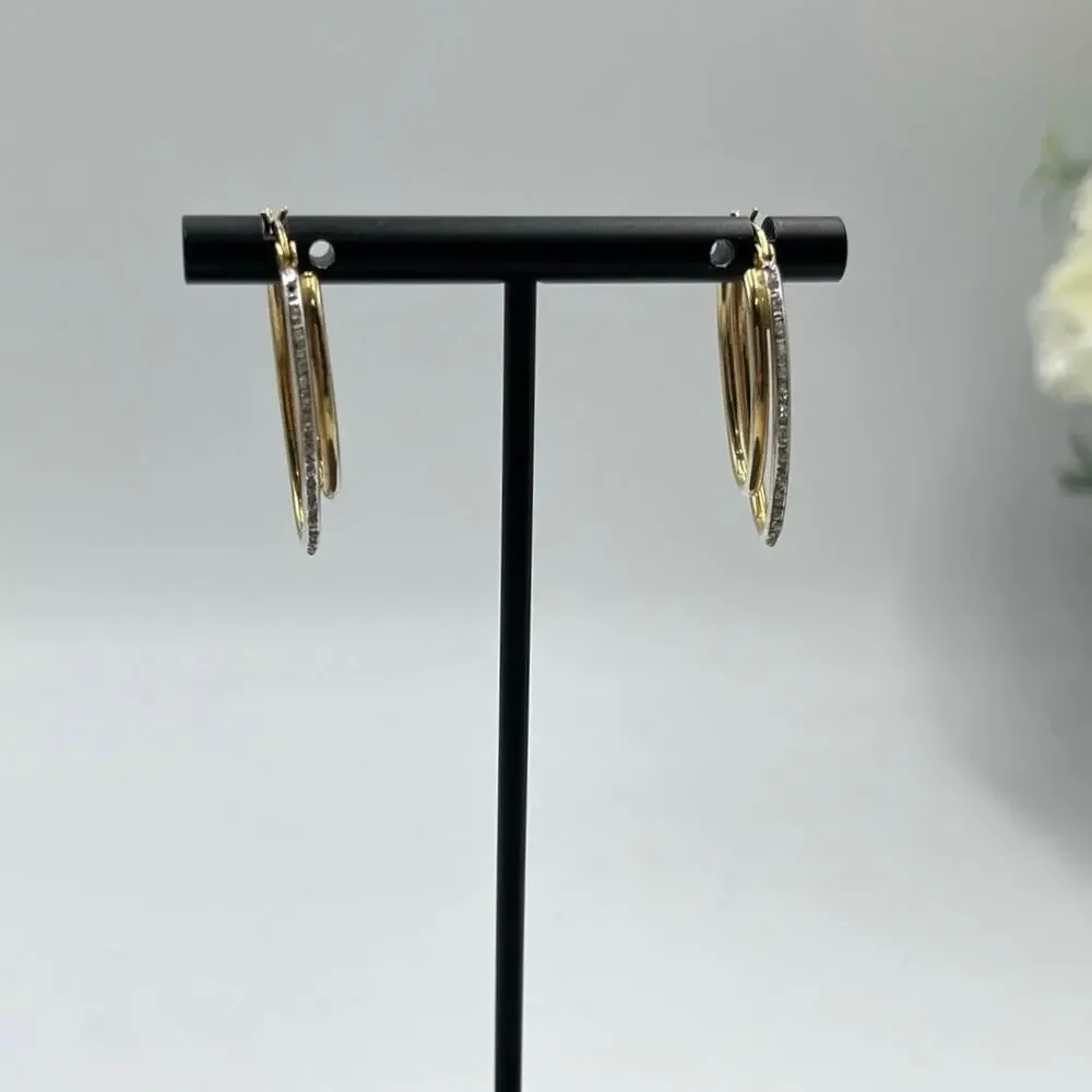 SLC Designer Sterling Silver Vermeil Pave Double‎ Hoop Pierced Earrings